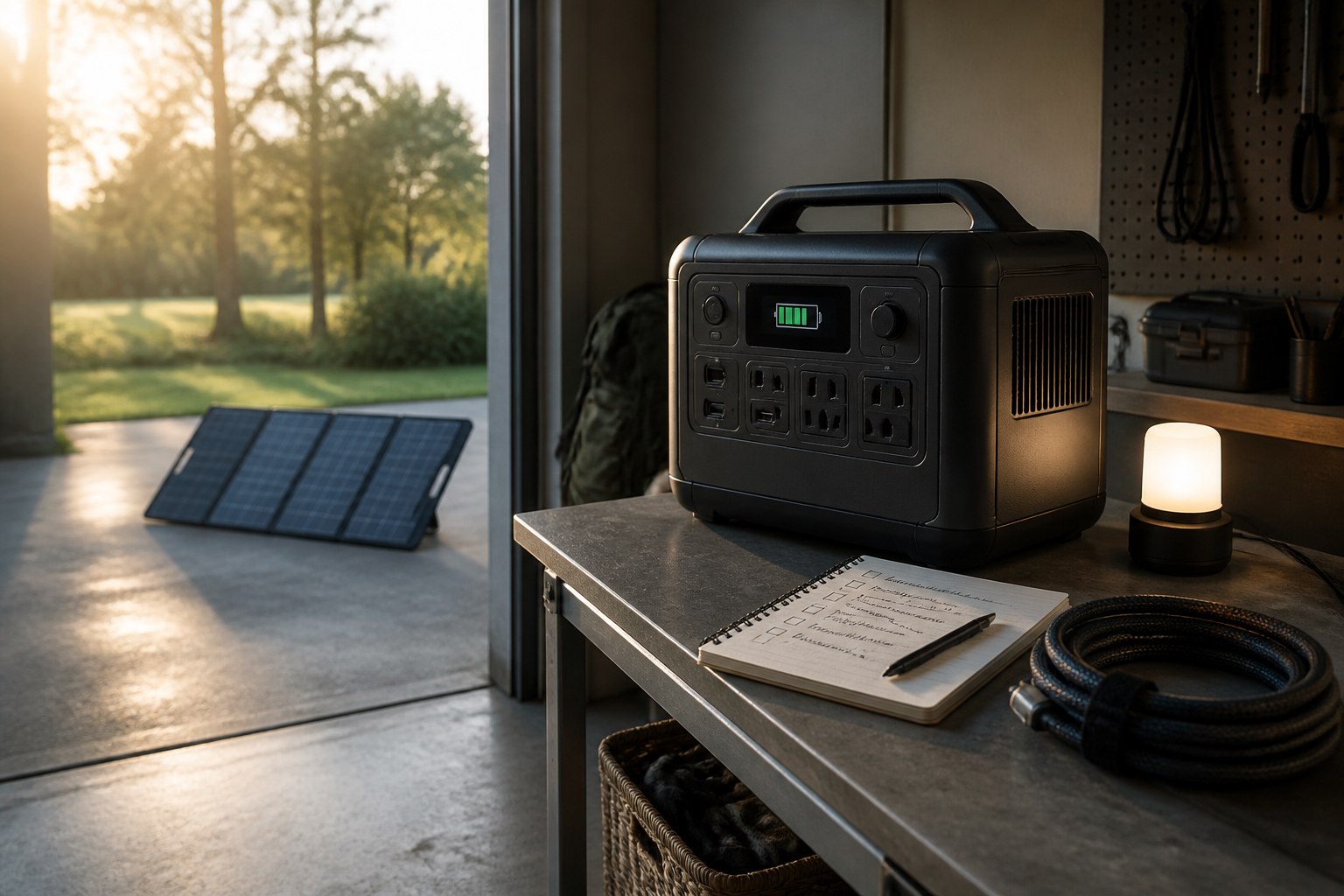 Unbranded portable power station beside a folding solar panel, outage checklist, and work light in a calm garage planning scene
